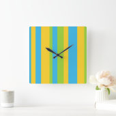 Wandklok: Turquoise, geel, groene strepen Vierkante Klok (Huis)