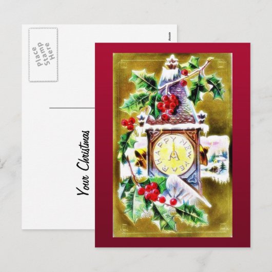 Wandklok versierd door heilige bladeren feestdagenkaart (Voorkant / Achterkant)