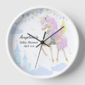 Wandklok voor een baby shower met eenhoorn. (Voorkant)