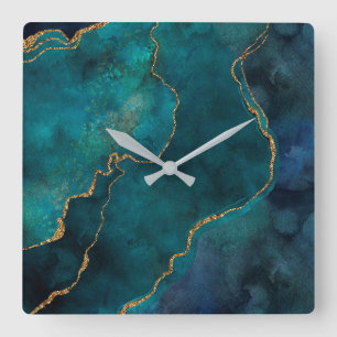 Wandklokken - Blauwe en Teal Marmer Met Gouden Ade