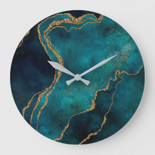 Wandklokken - Blauwe en Teal Marmer Met Gouden Ade