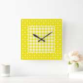 Wandklokken, Gele Check Gingham en Polka Dots Vierkante Klok (Huis)