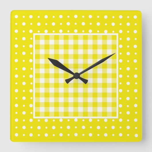 Wandklokken, Gele Check Gingham en Polka Dots Vierkante Klok (Voorkant)