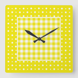 Wandklokken, Gele Check Gingham en Polka Dots Vierkante Klok