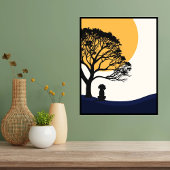 Wandkunst, gele zon, hond, boom poster