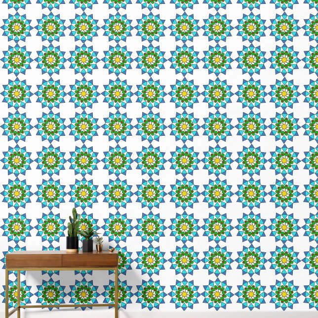 Wandpapier - Blauwe en Groene Mandala Behang (Hal)