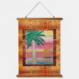 Wandtapijt - Abstracte palmboom en zeilboot Hangend Wandkleed