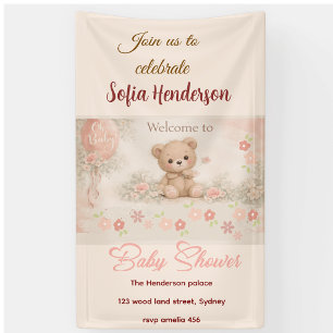 Wangenrood Beer Zachte waterverf bloemen babyshow Spandoek