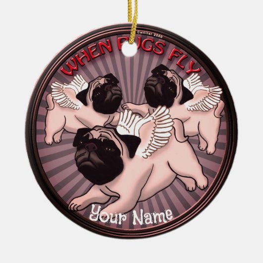 Wanneer pugs vliegen keramisch ornament (Voorkant)