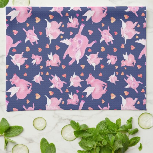 wanneer varkens lichtroze W/hart vliegen Theedoek (Gevouwen)