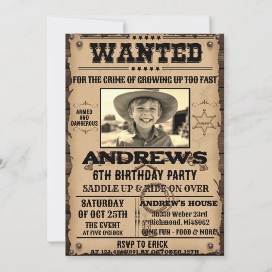 Wanted Poster Western Cowboy with Photo Birthday  Kaart (Voorkant)