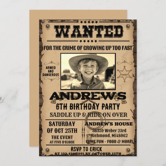 Wanted Poster Western Cowboy with Photo Birthday  Kaart (Voorkant / Achterkant)