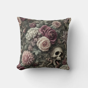 Wapen in de Rozen - Gothic Floral Skull Pillow Kussen