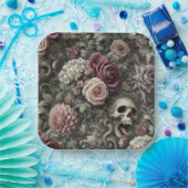 Wapen in de Rozen - Gotische Bloemenschedel Papieren Bordje (Feest)