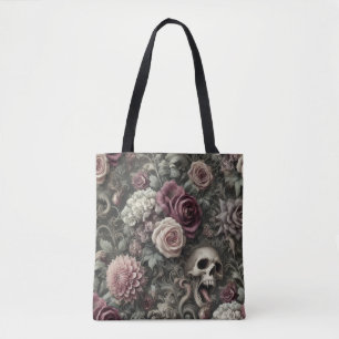 Wapen in de Rozen - Gotische Schedel & Bloemen Tote Bag