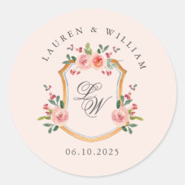 Wapen met monogram roze bruiloft  ronde sticker