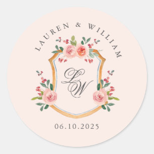 Wapen met monogram roze trouw  ronde sticker