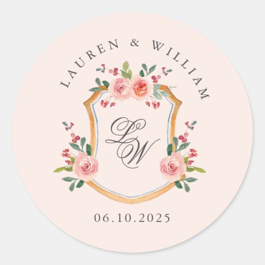 Wapen met monogram roze trouw ronde sticker (Voorkant)