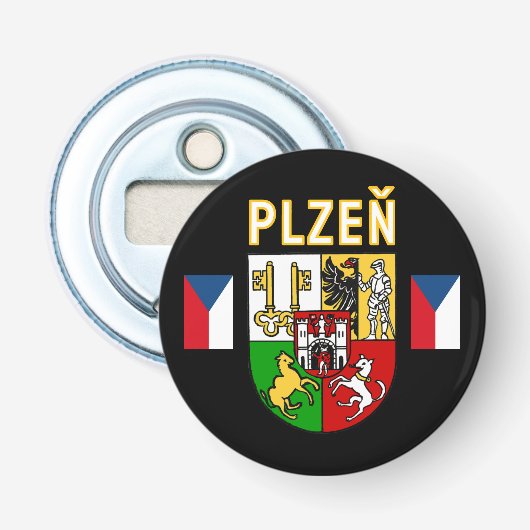 Wapen van Pilsen, Tsjechië Button Flesopener (Voorkant)