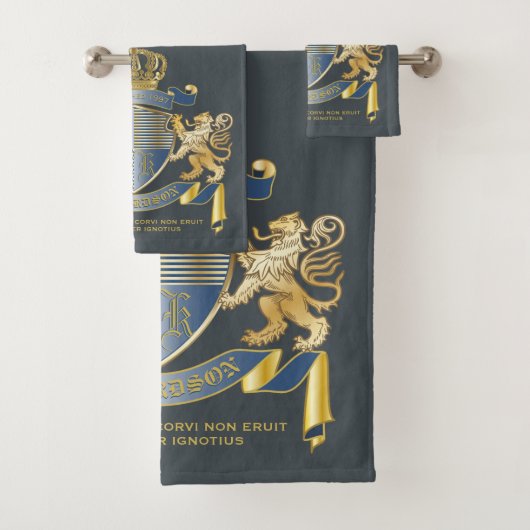 Wapenmantel Metallic Blue Gold Lion Ombre Emblem Bad Handdoek (Insitu)
