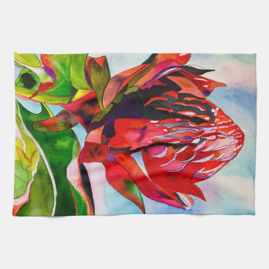 Waratah Australische waterverf van inheemse bloeme Theedoek (Horizontaal)