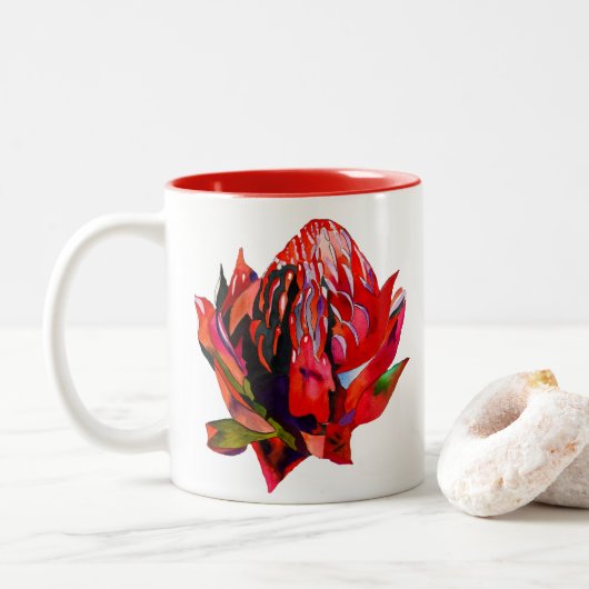 Waratah Australische waterverf van inheemse bloeme Tweekleurige Koffiemok (Met donut)