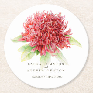 Waratah Bruidsboeket Botanisch Aquarel rood en gro Ronde Kartonnen Onderzetter