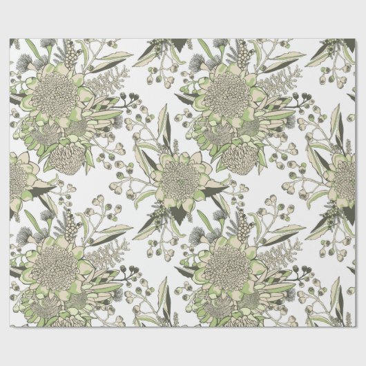 Waratah & Gumnut Eucalyptus - Groen en Wit Cadeaupapier (Vlak)