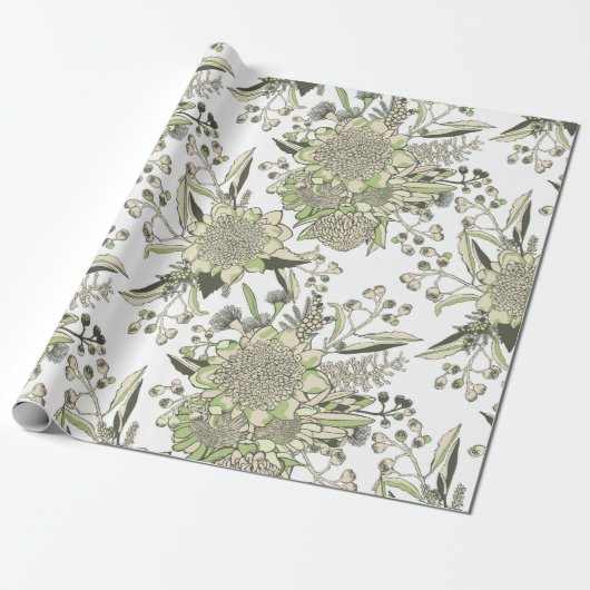 Waratah & Gumnut Eucalyptus - Groen en Wit Cadeaupapier (Uitgerold)