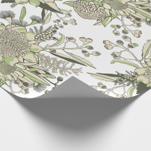 Waratah & Gumnut Eucalyptus - Groen en Wit Cadeaupapier (Hoek)