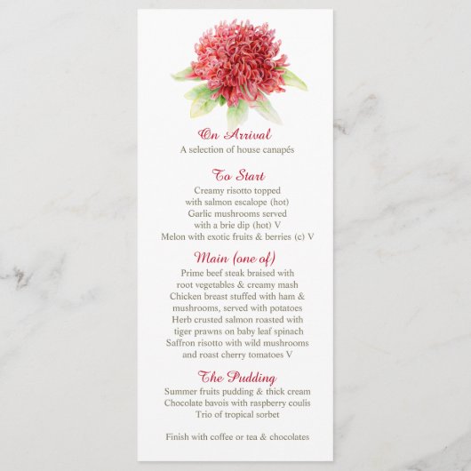 Waratah rode bloemen bruiloft menu (Achterkant)