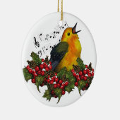 Warbler in sneeuw met kerstheilig: Kunst Keramisch Ornament (Rechts)
