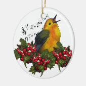 Warbler in sneeuw met kerstheilig: Kunst Keramisch Ornament (Links)