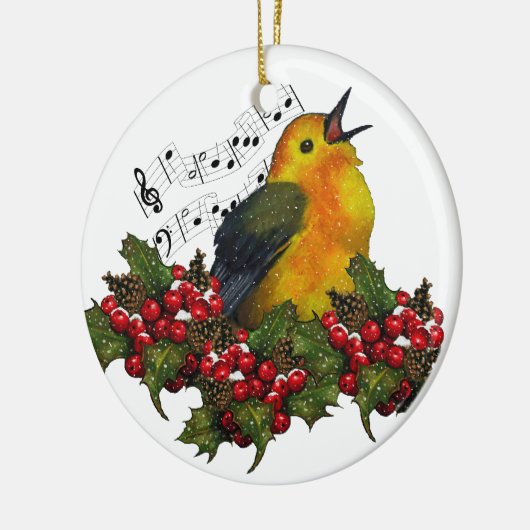 Warbler in sneeuw met kerstheilig: Kunst Keramisch Ornament (Links)