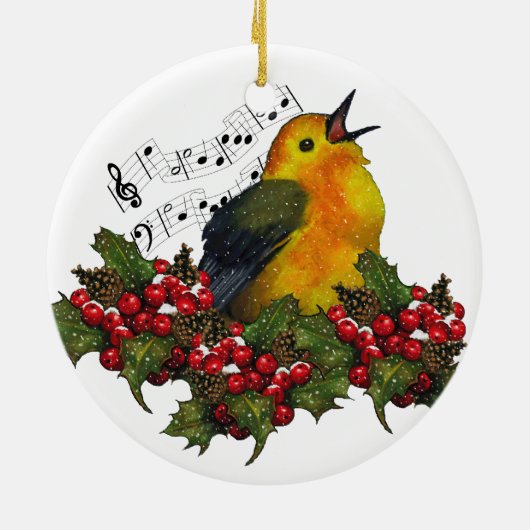 Warbler in sneeuw met kerstheilig: Kunst Keramisch Ornament (Achterkant)