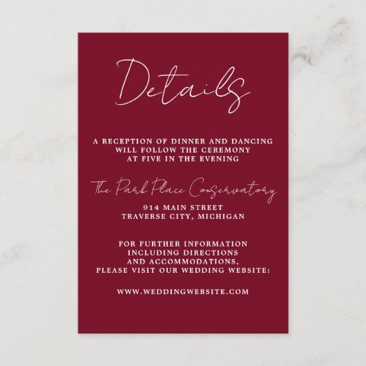 Ware eenvoud 3 Script Minimale Bourgondische bruil Informatiekaartje (Voorkant)