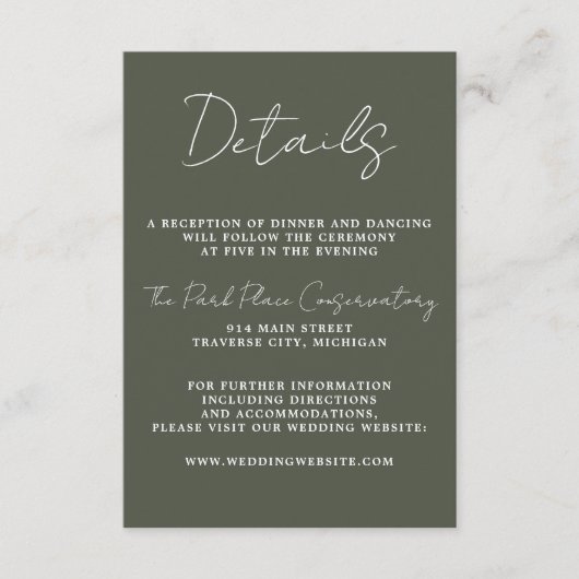 Ware eenvoud 3 Script Minimale Camo Groen Informatiekaartje (Voorkant)