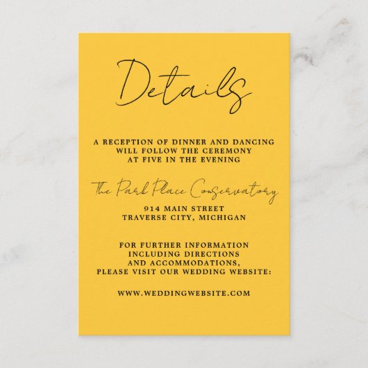 Ware eenvoud 3 Script minimale goudsbloem bruiloft Informatiekaartje (Voorkant)