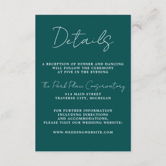 Ware eenvoud 3 Script Minimale Peacock bruiloft Informatiekaartje (Voorkant)