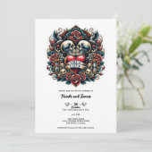 Ware Liefde Skelet Hart Tattoo Bruiloft Kaart (Staand voorkant)