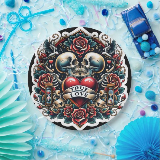 Ware Liefde Skelet Hart Tattoo Bruiloft Papieren Bordje (Feest)
