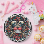 Ware Liefde Skelet Hart Tattoo Bruiloft Papieren Bordje (Feest)