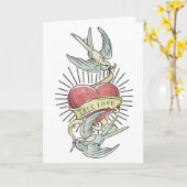 Ware Liefde | Vintage Tatoeage Vogels met Hart Kaart (Gele Bloem)