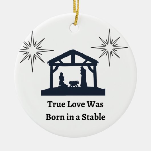 Ware liefde werd geboren in een stal op een kerst keramisch ornament (Voorkant)
