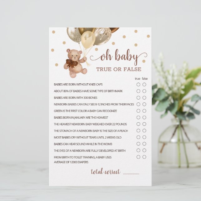 Ware of Valse Feiten Spel Baby Shower Teddybeer  (Staand voorkant)