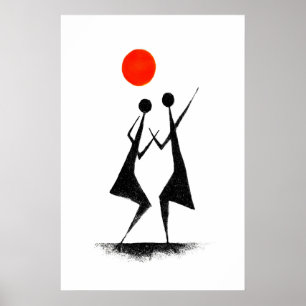 Warli-folkartprint minimalistische dansscene poster