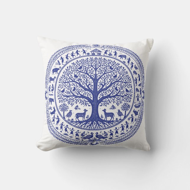 Warli-kunst Indiase Stamillustratie | Minimalistis Kussen (Voorkant)