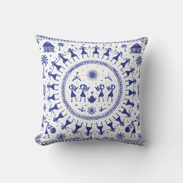 Warli-kunst Indiase Tribale Illustratie Kussen (Voorkant)