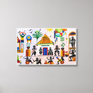 Warli schilderij Muurkunst Canvas Afdruk