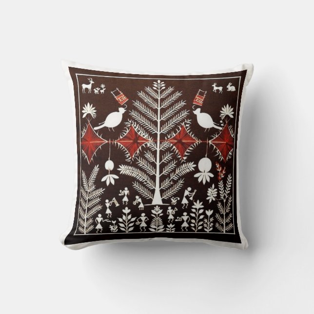 Warli-stamkunst Boom des Levens -poster voor thuis Kussen (Voorkant)